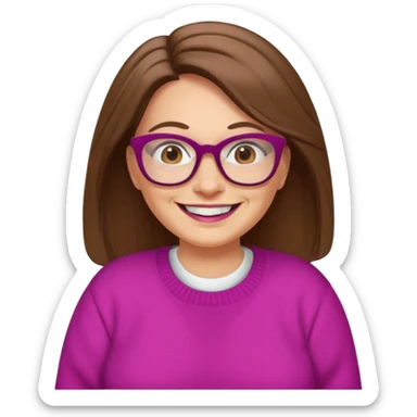 50 yr Caucasian woman, long brown hair parted on side, brown eyes, glasses, big smile, white teeth, fuscia sweater, chubby sticker