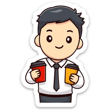 Tired Korean male office worker with coffee sticker