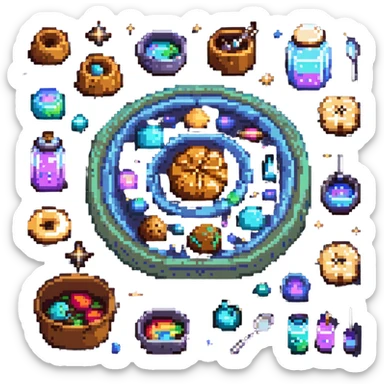An interstellar baker crafting cookies in zero gravity, using stardust and planetary spices. The kitchen orbits a nebula, with floating tools and anti-gravity dough. UI features galactic swirls, shimmering constellations, and planetary icon sticker