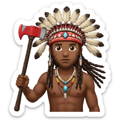 Black American man dark brown with dreads with a American Indian headdress throwing a axe sticker