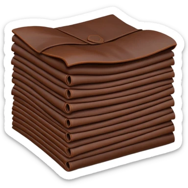Apple-style 3D emoji of stacked folded sheets of leather fabric, soft but thick texture, dark brown or black, neat industrial look, shown like folded textile. sticker