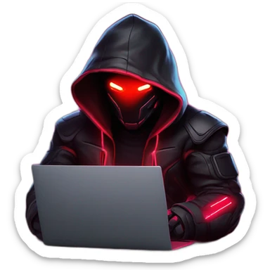 developer behind his laptop with this style : Crytek Crysis Video game neon glowing bright red character red black hooded hacker themed character sticker