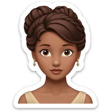 Cinematic Emma Darcyn Realistic Portrait, depicted with lifelike skin texture, subtle rosy undertones, and soft natural lighting that enhances the gentle contours of her face. Her intricately detailed brown hair is elegantly styled in an updo, sticker
