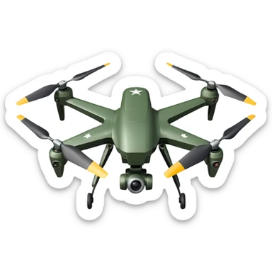 Military drone sticker, tactical UAV, army green color, strong and powerful look, minimal detail, flat vector illustration, white outline, transparent background sticker