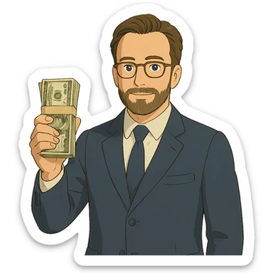 ghibli style illustration of Nikolai Astrup, Norwegian politician, holding a pack of money in his hand sticker