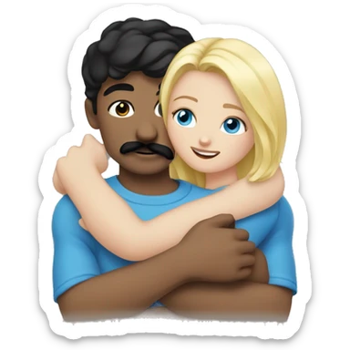 blonde blue eyed girl, hugging a man with black hair and black mustache sticker
