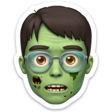 an emoji of a male green zombie with dark brown hair and female bangs that cover your entire forehead and extend to your eyebrows, wearing square, bluish glasses. sticker