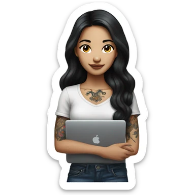 beautiful girl, with arm tattoos, with long black hair, wavy hair, chinese, with laptop sticker