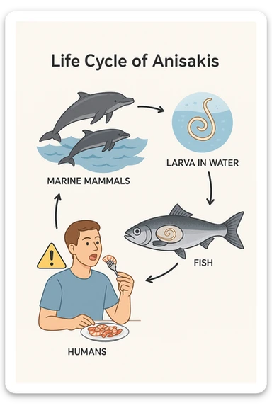 a diagram showing the life cycle of Anisakis, with arrows connecting stages from marine mammals to fish and then to humans. Each stage is illustrated with realistic images: the parasite in the ocean, inside a fish, and the risk to humans who eat contaminated seafood. The style is clear and informative, with labels and icons. sticker