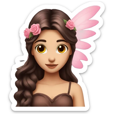Beautiful, rose, fairy, pink, flowers in hair, long dark brown hair, big wings, fair skin sticker