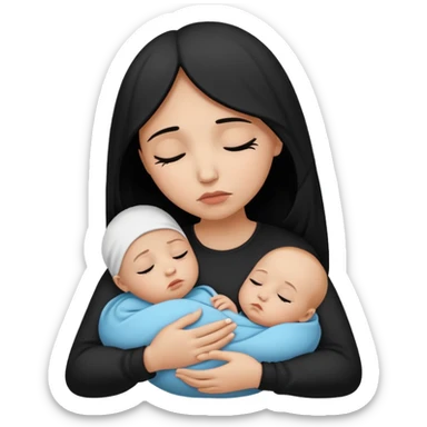 Minimalistic flat vector icon, iOS style, thin black contour on white background. Silhouette of a sad mother holding a baby, small tear drop. Clean, no text, no shadows sticker