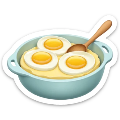 A carton of eggs, butter and a cream ceramic baking bowl with a wooden spoon in it sticker