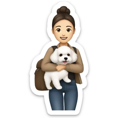 A hair-in-a-bun Asian woman, with brown hair, carrying a cute and happy Bichon Frise at the airport  sticker