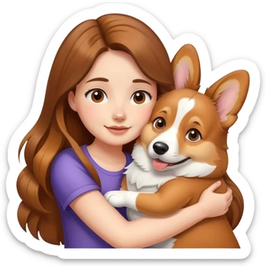 Girl with long brown hair hugs a corgi dog sticker