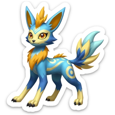 Feral Lightning-patterned Zig-zagged buzzy fuzzy Meloetta-Renamon-Zeraora-Luxray-Cobalion-Suicune-Vernid-fusion-hybrid-creature, full body  sticker