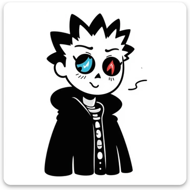 Error Sans, a skeleton character with a glitchy, corrupted appearance, blue and red eye, wearing a black jacket, inspired by Undertale, hand drawn doodle style sticker