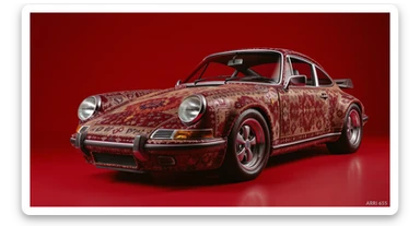 Closeup shot of a porsche 911, body of car made of russian carpet with patterns, red solid studio background, low keu light, top soft light, dutch angle,  captured by ARRI 65 sticker