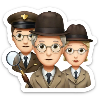 Icon for Detective Movies: A colorful collage with Sherlock Holmes, Miss Marple, and Pinkerton. Include magnifying glasses, clues, detective tools, a criminal and a policeman in the background. The design should evoke mystery and intrigue, with a classic detective movie feel. Transparent background. sticker