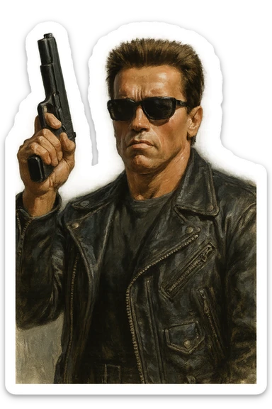 Arnold Schwarzenegger as the Terminator, holding a raised gun, realistic painted style sticker