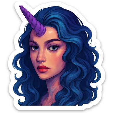 face with purple unicorn horn, digital illustration sticker