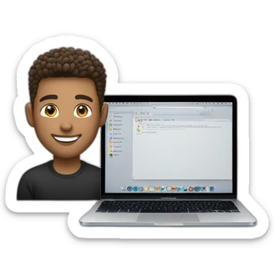 Smiling guy, barber fade haircut, wearing a black quarter zip sweater with white tee shirt under, tan skin tone, working on a MacBook Air sticker