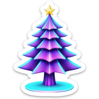 Futuristic glowing Christmas tree emoji with neon decorations, purple and cyan holographic glow, dark background, festive sparkles, no face. sticker