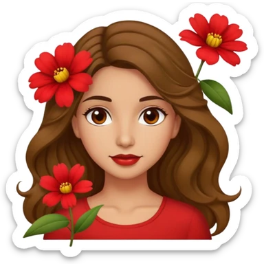 Olive brown eyed women with long wavy hair red flower background red top sticker