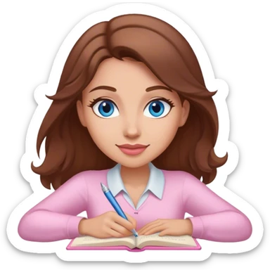 female writer happy, brown hair and blue eyes writing a light pink romance novel sticker