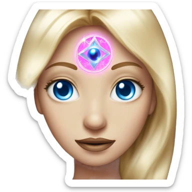 magical diva with thin pink andromedan face long blonde hair and blue eyes glowing third eye sticker