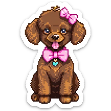 cute brown poodle with a pink bow on its head and tail, tongue sticking out, and a pink collar sticker