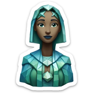 Sculpture oracle priestess with a geometric faceted design with disney features. Oracle of delphi is sparkling and standing upright on a base with angular and flower features. The vibrant blues neutrals and greens highlights the sharp edges and planes.  sticker