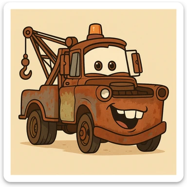 friendly rusty tow truck, cartoon style, Mater from Cars sticker