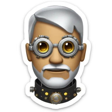 Tan shaved male Latino cyborg head with grey beard, silver steampunk monocle goggles and circuits sticker