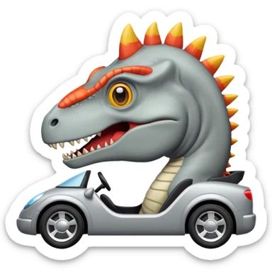 Dinosaurio  gris subido en un carro blanco tecnológico con lentes de realidad virtual sticker