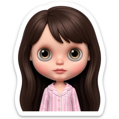 Make me an emoji that is wearing pajamas maker her a Blythe doll type emojiMake her hair longer Make her hair darker Make her hair a darker brown give her pale skin Maker more peach white pale sticker
