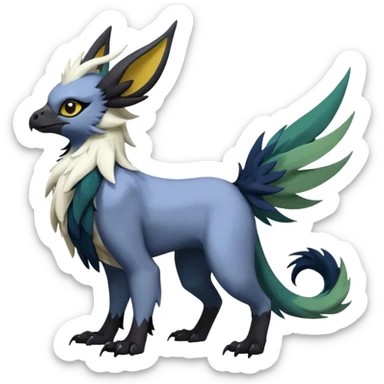 Dark-deep-colored gryphon-Trico-Nargacuga-Absol-Leafeon-Sprigatito-Silvally-fusion-hybrid with a long tufted tail, black beak, black claws, black tail, majestic, realistic, furry (full body) sticker