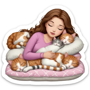 girl with long wavy brown hair, brown eyes, long lashes makeup, sexy pink lips, light to medium complexion,  sleeping on a cozy pillow, with 6 cats: 1 brown and white tabby cat, 1 ginger and white, 2 grey and white, 1 grey with white mittens and small white patch on chest and 1 calico, sleeping sticker