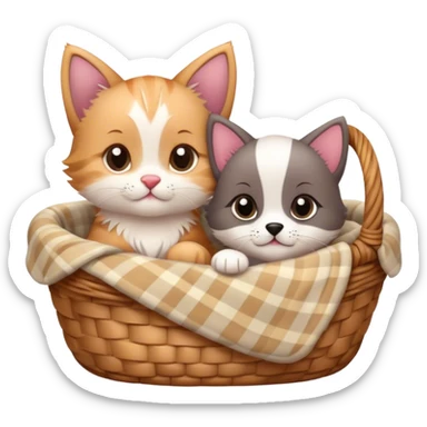 Disney-style cute kitten and puppy cozy in blanket basket  sticker