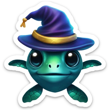 Dark iridescent sea turtle glowing with a wizard hat sticker