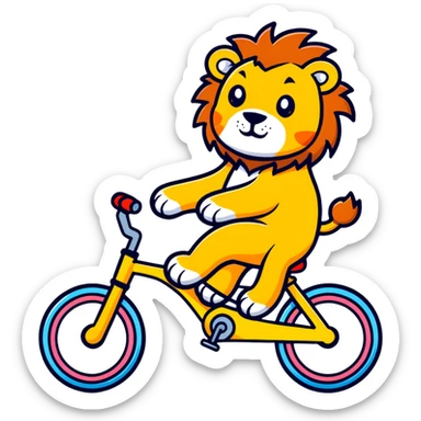 lion riding a bike, cartoon sticker style sticker