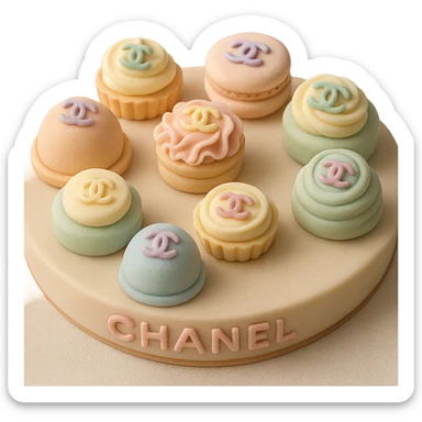 pastel fondant cake art style Chanel dessert platter with assorted mini pastries and logos sticker