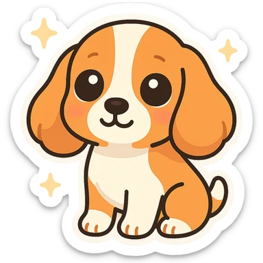 cute English cocker spaniel dog sticker, big expressive eyes with glossy highlights, rounded floppy ears, smooth orange-brown and white fur, kawaii cartoon style, soft shadows, clean outlines, shiny surface, highly detailed, vibrant colors, ultra adorable, puppy face, joyful and heart-melting expression, isolated on transparent background sticker