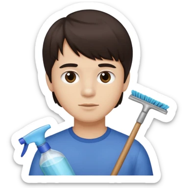 boy dark brown hair with bangs with straight eyebrows cleaning sticker