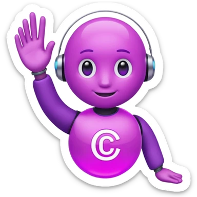 Friendly round AI mascot with a neon C badge, floating hologram in hands, purple-magenta glow. sticker