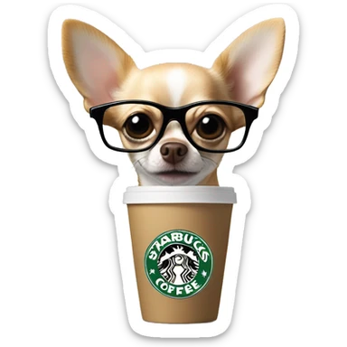 Chihuahua in black Prada glasses and with a Starbucks cup sticker