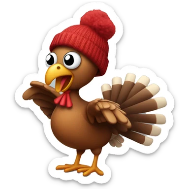 Dancing turkey with a beanie on its head sticker