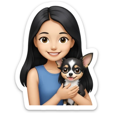 Smiling Thai girl with long black hair petting a tiny black and white Chihuahua sticker