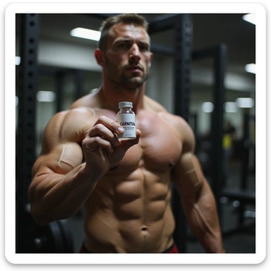 bodybuilder in gym, hyperrealism 4k, holding a vial with a label 'CARNITINA' in large block letters sticker