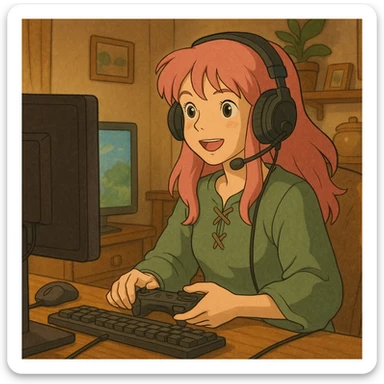 girl with pink hair streaming and playing video games, in Ghibli style sticker