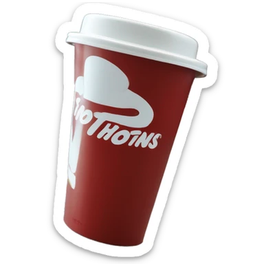 “Red Tim Hortons coffee cup with large white ‘Tim Hortons’ logo in script, black plastic lid, and a simple, clean design.” sticker